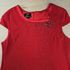 Liorah Women's Knit Satin Dress Rhinestones Red Cap Sleeve Sparkle Party Size 20